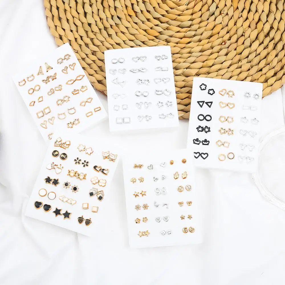 18 pairs Mix Style Gold Silver Color Rhinestone Crystal Flower Stud Earings Set For Women Girls Small Plastic Earrings Brincos