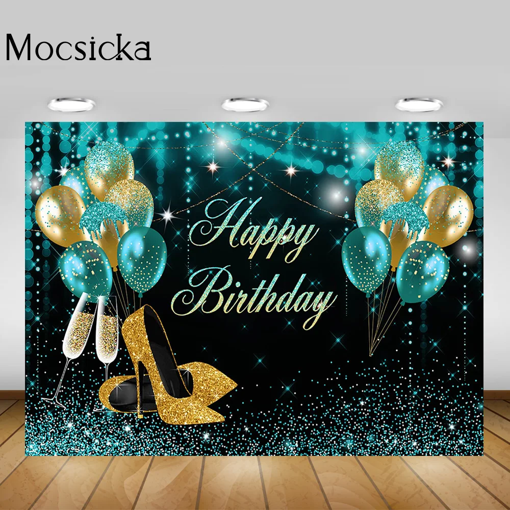 Blue Bokeh Adult Happy Birthday Backdrop Glitter Balloons Woman Birthday Party Banner Background High Heels Black Photography