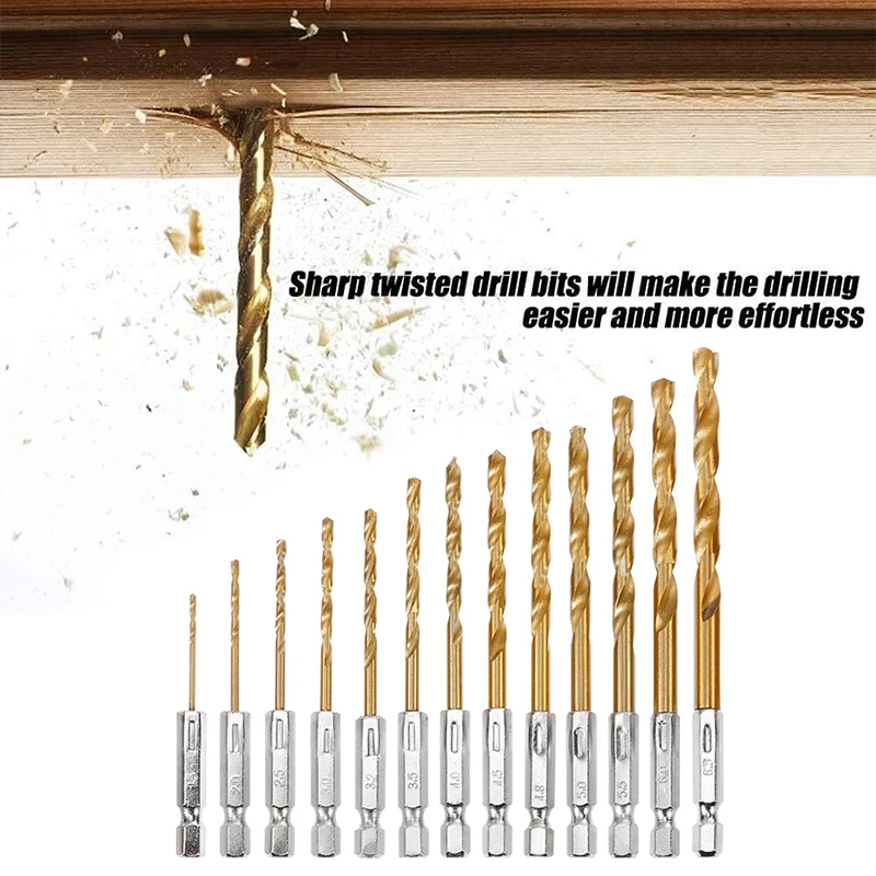 Twist Drill Bit 13pcs/lot 1/4 Hex Shank 1.5-6.5mm HSS High Speed Steel Titanium Coated Drill Bit
