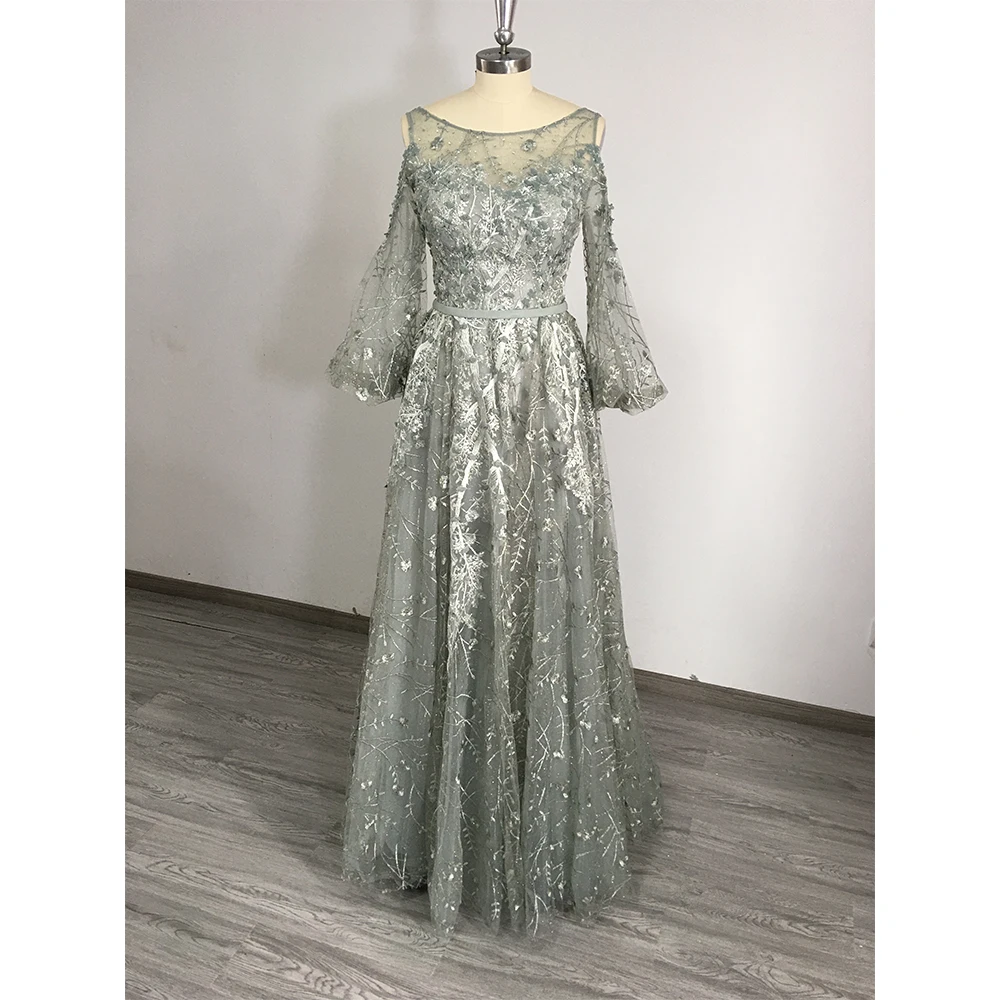 Luxury Dubai Arabic Evening Dresses 2020 Full Lace Long Flare Sleeves Aline O-Neck 3D Flower Formal Party Gowns