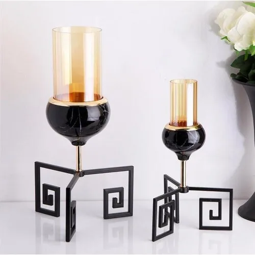 Krm Marble Pattern Metal Candlestick 2'li