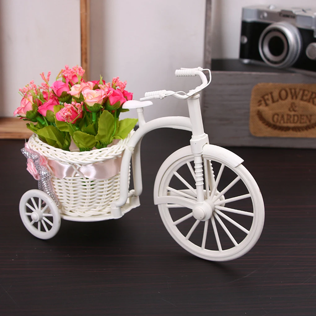 Bicycle Flower Basket Desktop Decoration Ornaments Tricycle Plastic White Vase Flower Storage Home Wedding Party DIY Decoration