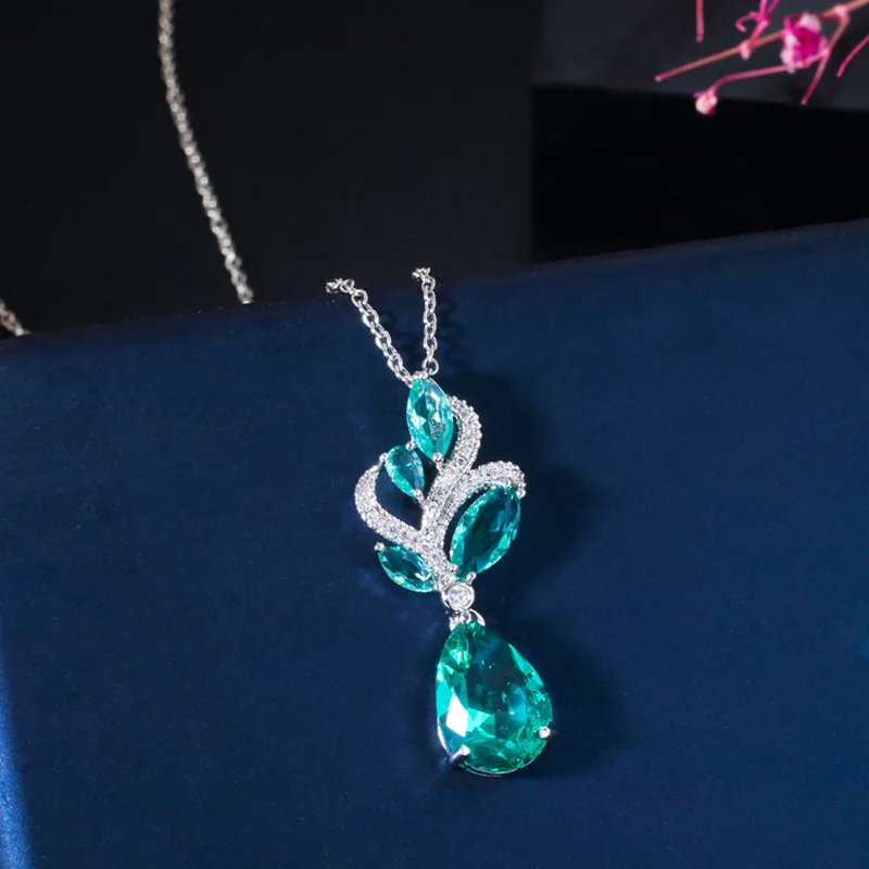 Pera Elegant Korean Style Light Blue Cubic Zirconia Women Fashion Pendant Leaf Necklace Water Drop Earrings Jewelry Sets J151