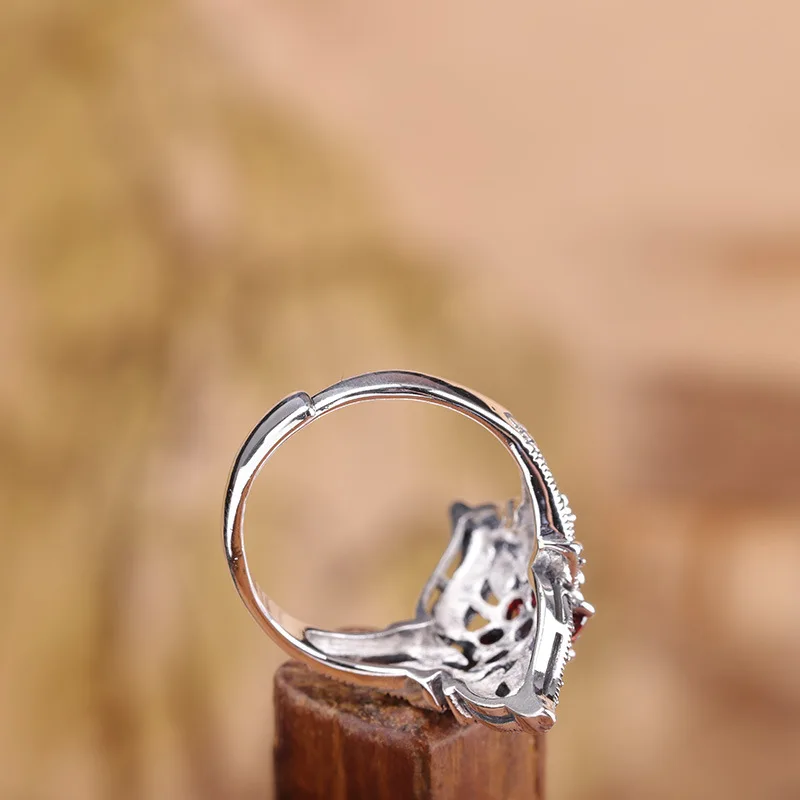 Uglyless Tempting Garnet Red Flower Rings for Women Marcasite Rhombus Wide Open Rings 925 Silver Thai Silver Fine Jewelry R860 - view 5