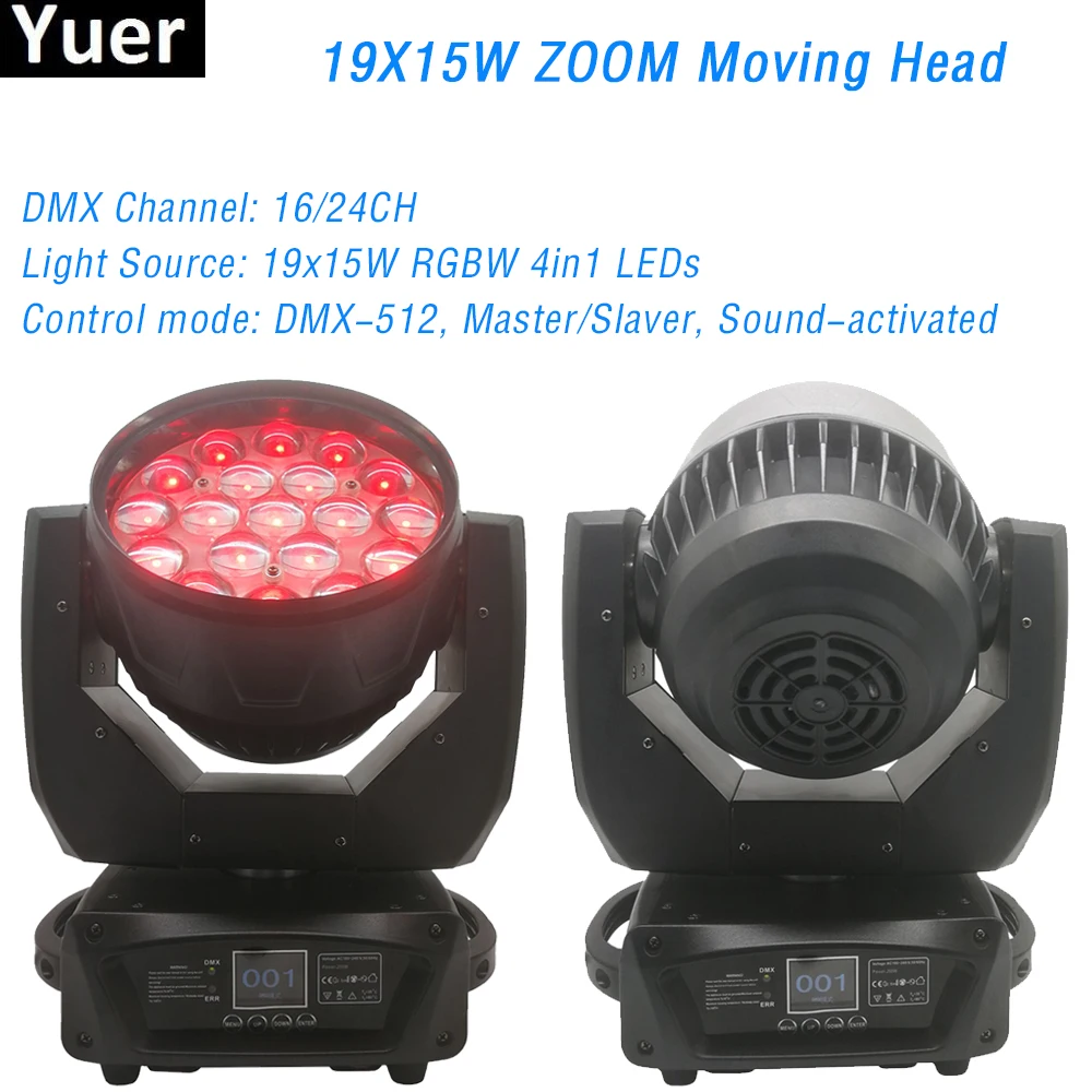 

LED Wash Zoom Beam Strobe 4IN1 19X15W RGBW Moving Head Light DJ Disco Stage Party Effect Lighting DMX512 Control Wedding Bar