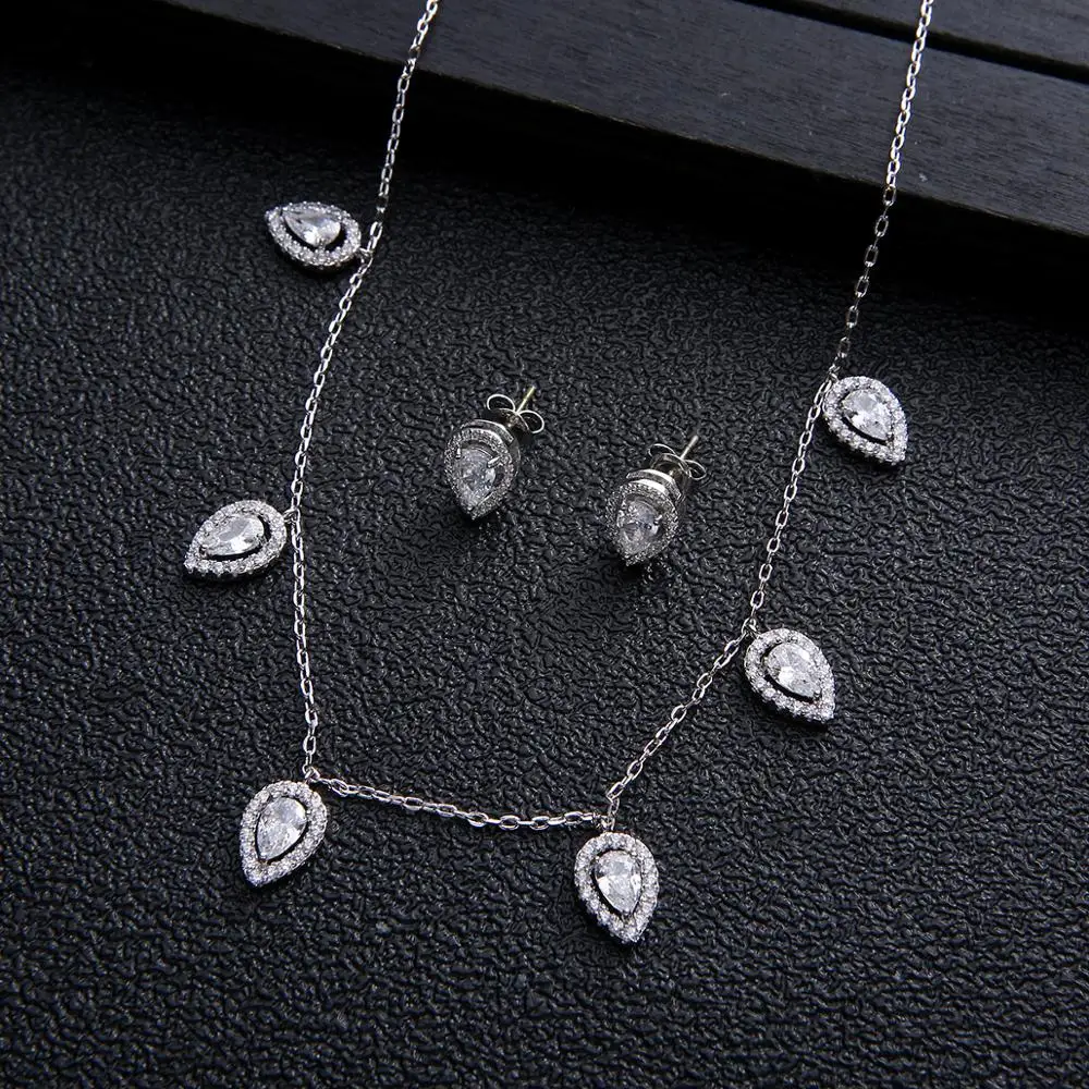Trendy Wedding Water Drop Necklace Earrings For Women Accessories Full Cubic Zirconia Bridal Jewelry Sets Mujer Moda D1443