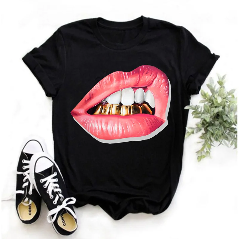 Red Mouth Kiss Lips Print T-shirt Women Leopard Print Black Blouse Harajuku Ladies T-shirt Ladies T-shirt