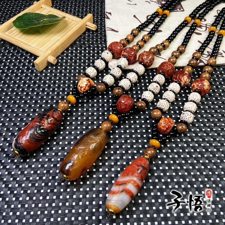 Fidelity agate ancient bead relief silk wrapped Agate Pendant Necklace old agate beads abacus beads Bodhi bead chain