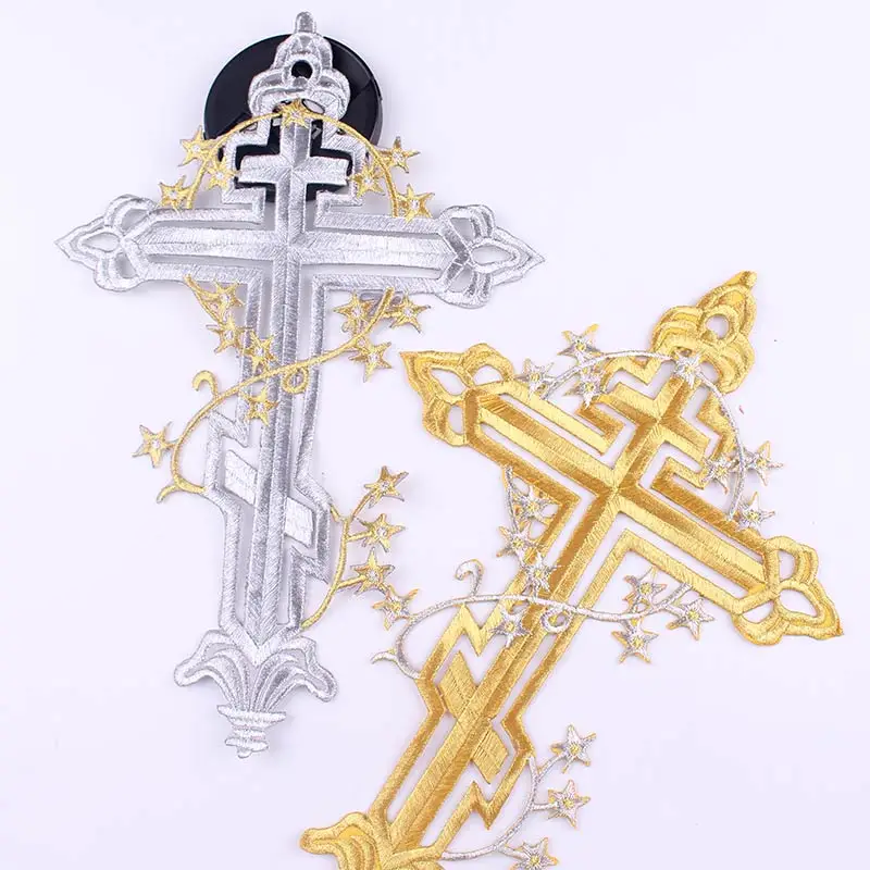 Gold Silver Cross Embroidery Patch Jesus Cross Iron On Patches For Clothing Flower Appliques Craft Decoration Embrodered Badge