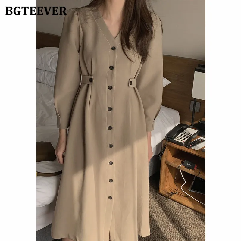 BGTEEVER Elegant V-neck Single-breasted Female Dress Spring Summer Solid Vestidos Full Sleeve Slim Waist Women Midi Dress 2021