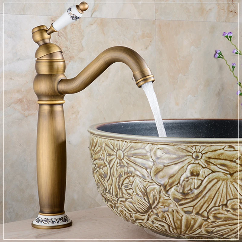 

Basin Antique Brass Finished faucet Mixer Taps Deck Mounted Luxury Appearance with porcelain AF1081