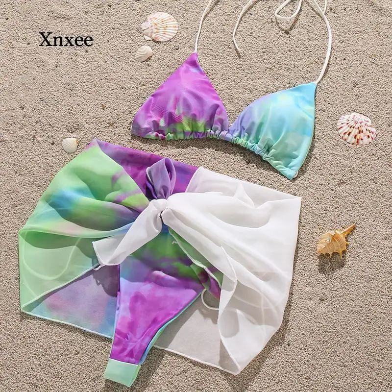 Tie-Dye Bikini Skirt 3 Piece Swimsuit Women Triangle Swimwear Female String Halter Bathing Suit Sexy Micro Biquini Summer