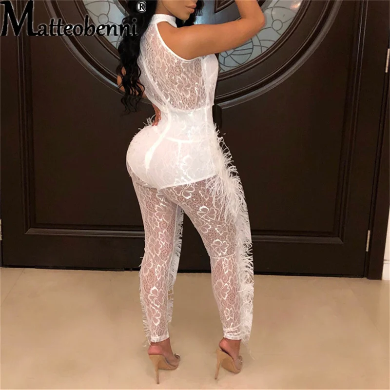 Mesh Patchwork Feathers Jumpsuit Women Sexy See Through Sleeveless O Neck Bodycon Women Jumpsuit Transparent Night Club Overalls