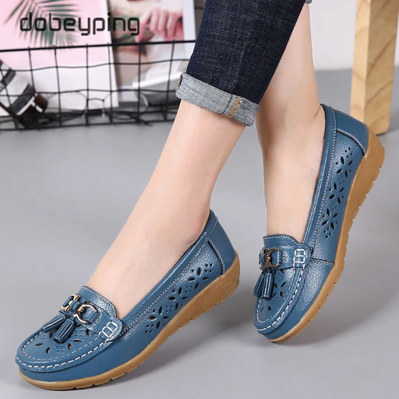 

dobeyping Cut Outs Summer Shoes Woman Genuine Leather Women Flats Slip On Women's Loafers Breathable Female Moccasins Shoe 35-44