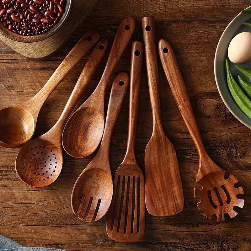 Thailand Teak Natural Wood Tableware Spoon Ladle Turner Long Rice Colander Soup Skimmer Cooking Spoons Scoop Kitchen Tool Set