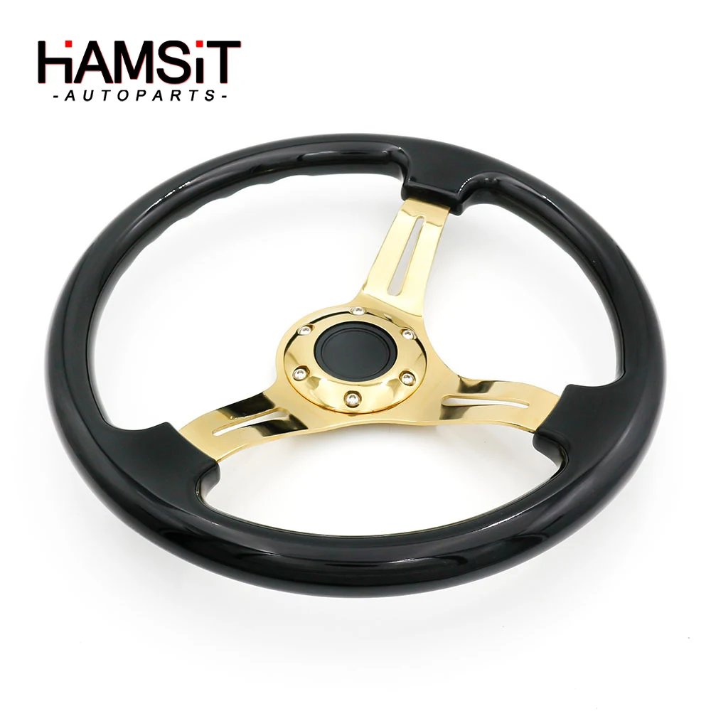 Hamsit Modified Game Racing Steering Wheel 14 inch 350mm High Quality 6 hole Racing Universal Steering Wheel Gold Frame Hot sale