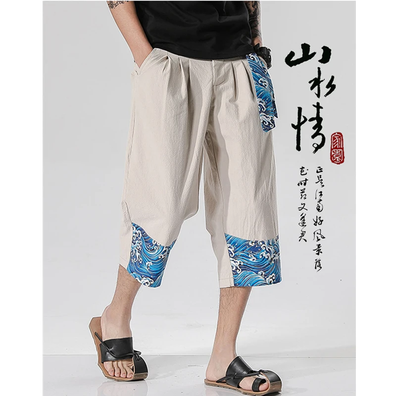 

Men Japanese Style Wide Leg Pants Unisex Cropped Trousers Samurai Costume Ukiyo-e Wave Print Lace Up Vintage Clothes Woman Pants
