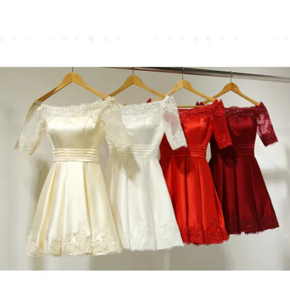 Vestido de novia corto de satén blanco y rojo con cuello barco, vestido Formal de media manga con cordones, Vestidos de graduación, vestido de fiesta para mujer