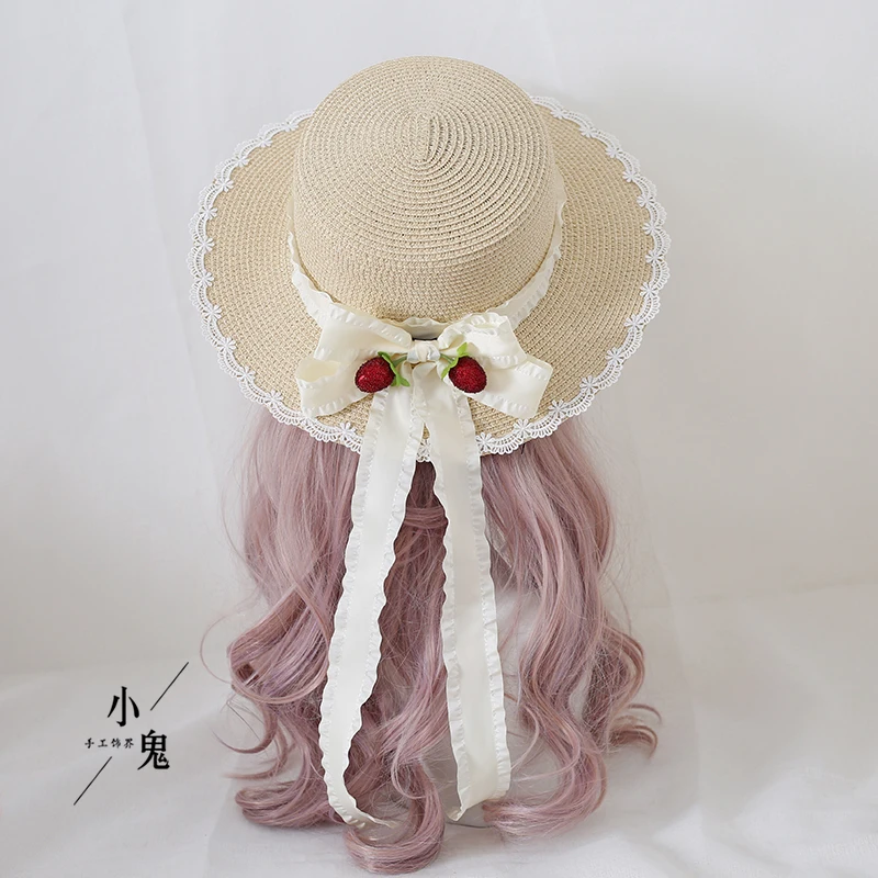 Bowknot Wide Brim Straw Hat Mori Style Berry Bow Sunhat Lo Niang Pastoral Style Lolita Hat image 2