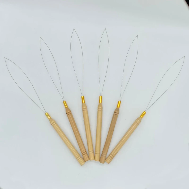 40 pcs Loop Pulling Needle Wood Handle Loop Needle Hair Extensions Feather Hair Extension Tools