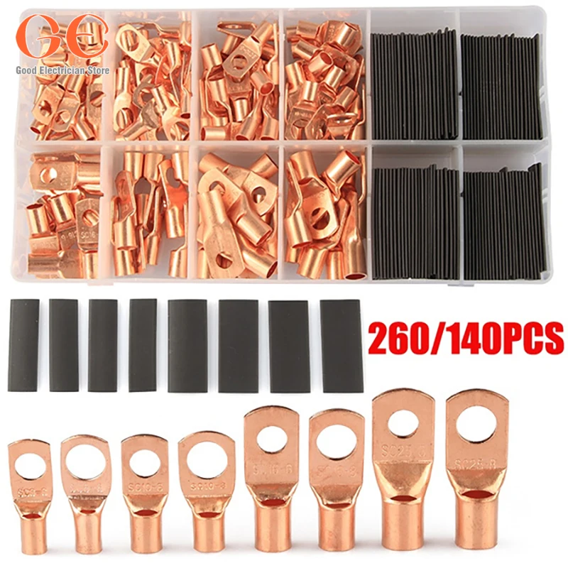 60/140/260Pcs SC6-25 Copper Terminal Connectors Assortment Tinned Copper Ring Lug Connector Wire Heat Shrink Tubes Kit