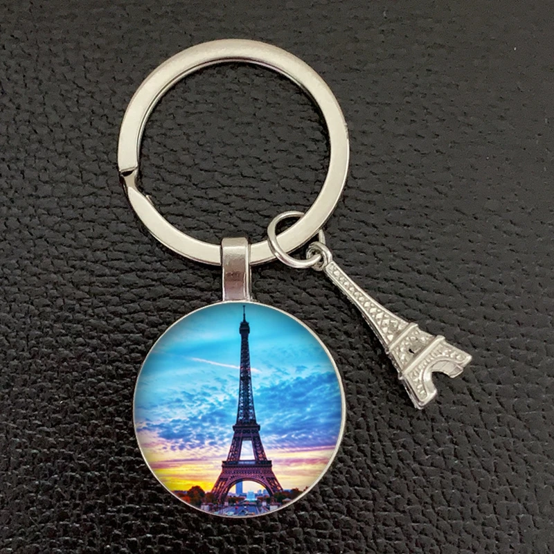 Romantic Paris Eiffel Tower Key Chains Art Lady Wander Drawing Design Glass Pendant Cute Keychain Keyring Women Bag Jewelry