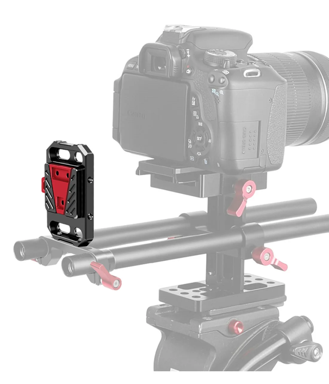 Aluminium-Schnellwechsel-V-Lock-Akku-Montageplatte mit 15-mm-Stangenklemme für Fotografie-DSLR-Kameras, Rig-Schiene und Follow-Focus-System – Detail 15