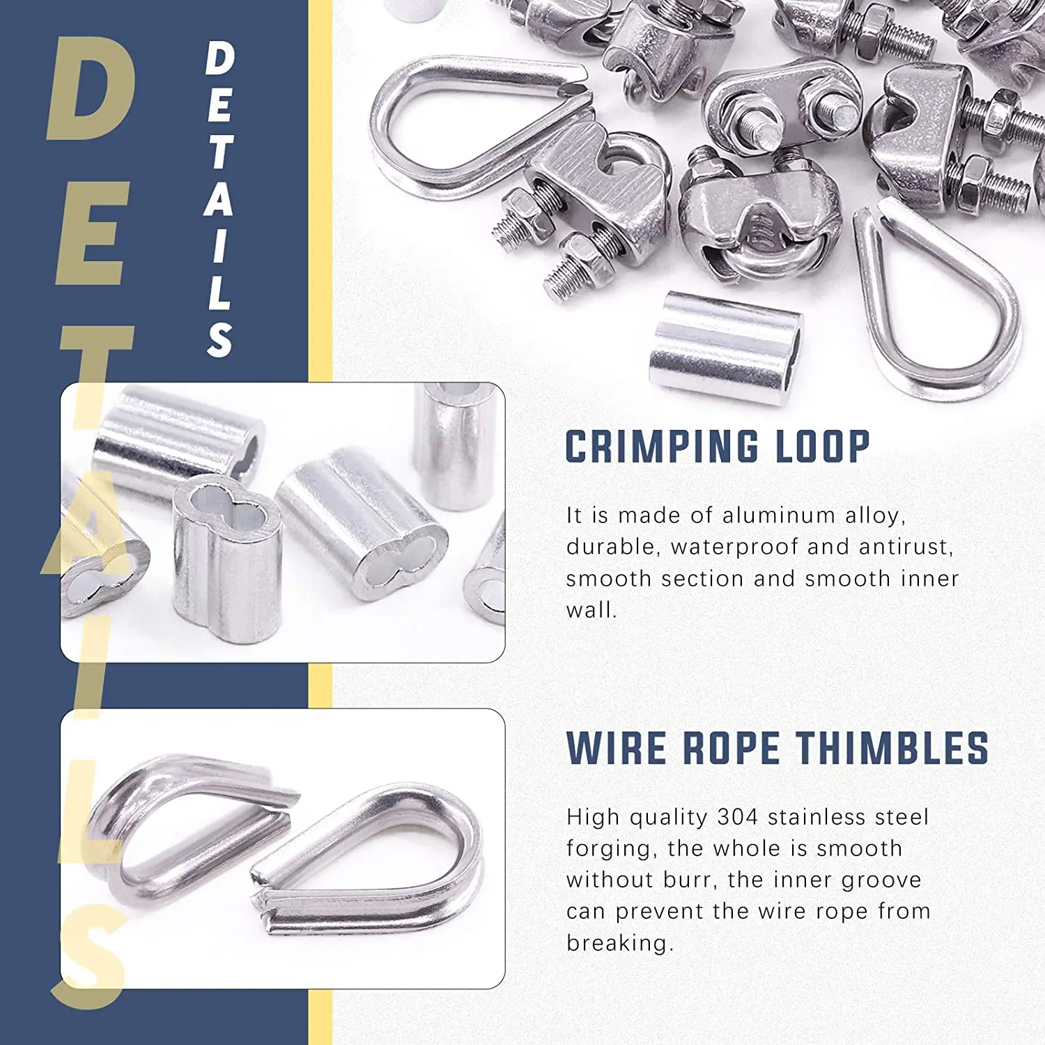 24Pcs M4 Wire Rope Cable Clip Clamp with Cable Thimbles Combo and Aluminum Crimping Loop Sleeve Set for Wire Rope Cable Thimbles