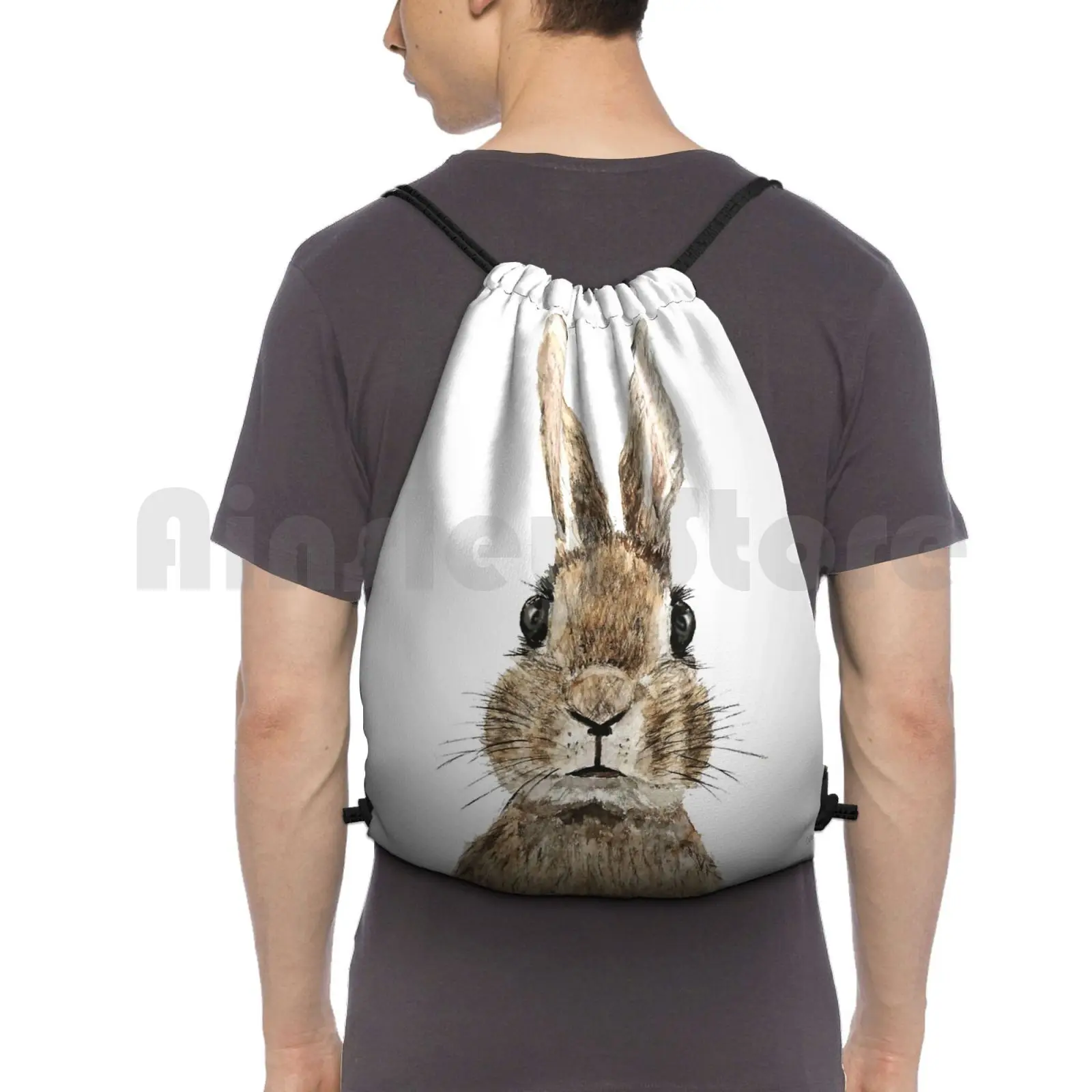 Cute Innocent Rabbit Watercolor Backpack Drawstring Bags Gym Bag Waterproof Minimalist Painting Animal Painting