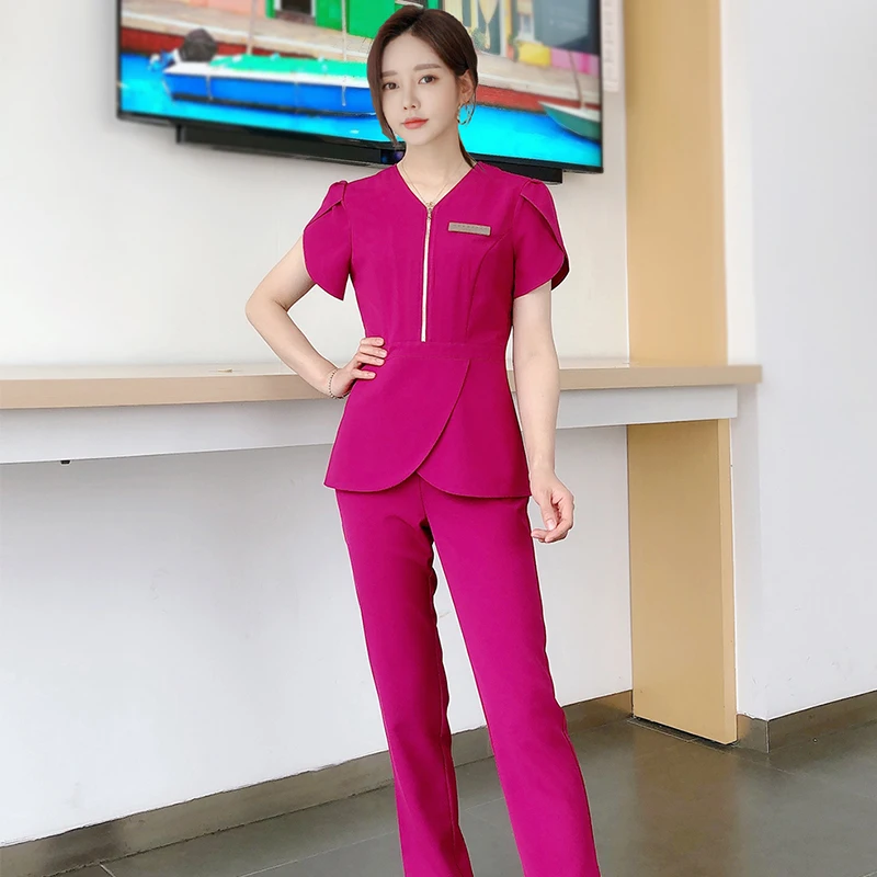 Beauty Salon Work Uniform For Women V Neck Spa Working Wear Hospital Ladies Uniforms Solid Color Sets