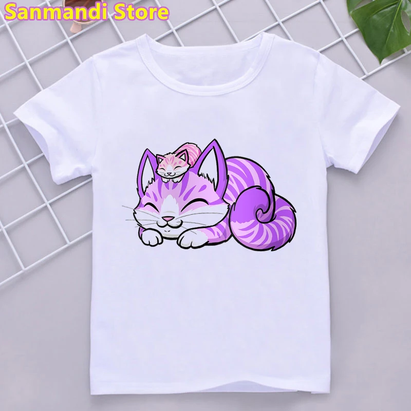 Rainbow Cat Love Ice Cream Animal Print T-Shirt Girls/Boys Kids Clothes Summer Fashion White Pink Yellow Children Clothing Tops