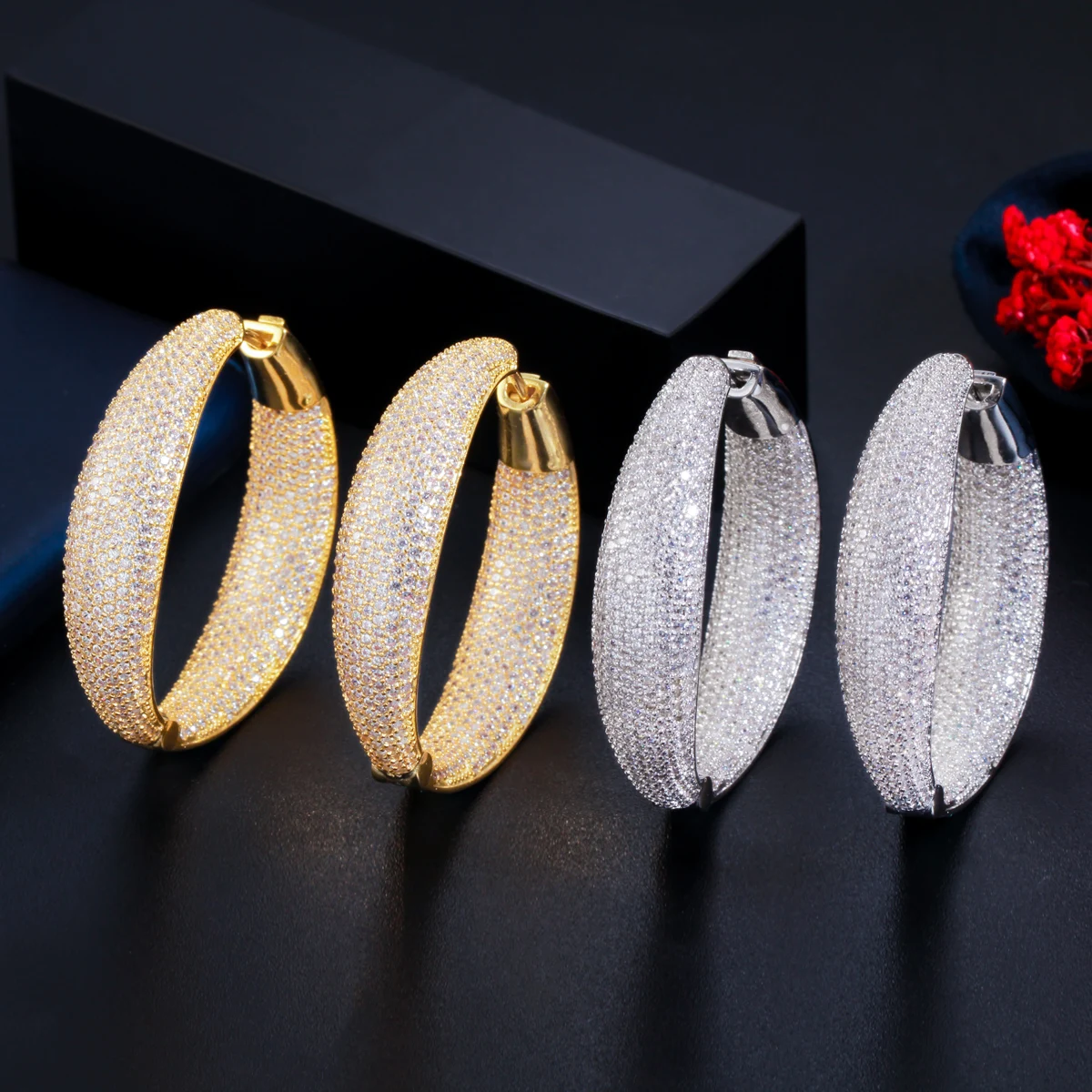 CWWZircons Micro Pflastern Zirkonia Runde Große Aussage Hoop Ohrringe Silber Farbe Luxus Frauen Hochzeit Braut Schmuck CZ809 – Detail 9