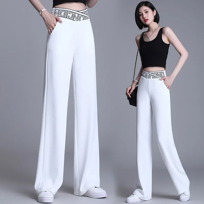 White Wide Leg Pant Women 2021 Summer Thin Cross Letter Elastic Waist Straight Long Pants Streetwear Loose High Waist Trousers