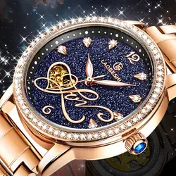 Horloge rose creuse étanche pour femme, cristal étoile, diamant, montre mécanique pour femme, marque supérieure, mode de luxe