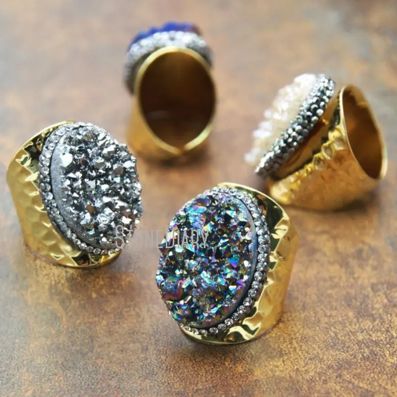 

RM15360 5Pcs Titanium Natural Druzy Crystal White Rhinestone Pave Gold Color Oval Shape Finger Ring Adjustable