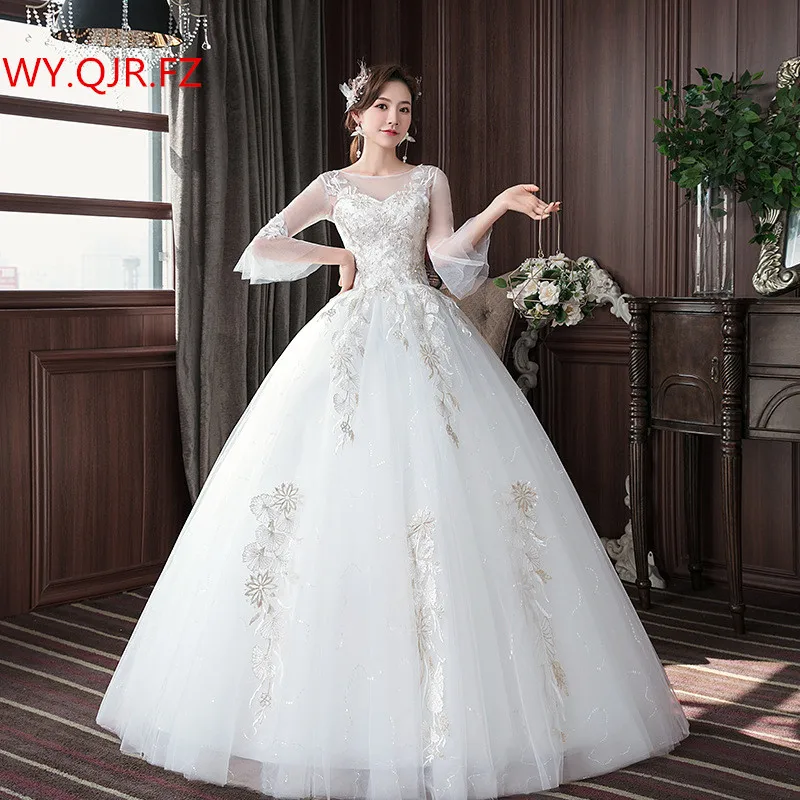 HMHS-81#Wedding Dress Embroidered Lace on Net Long sleeves O-Neck Lace up marry Dresses white Long cheap Wholesale ball gown