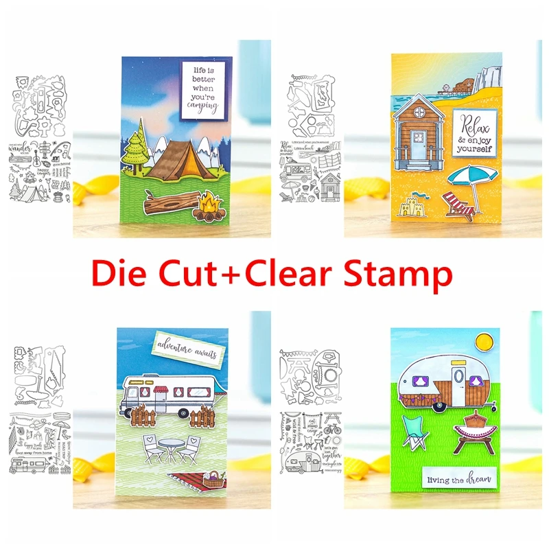 

Штампы и штампы на тему кемпера, 2021, набор штампов для резки приключений кемпера для DIY, скрапбукинга, ALbum, ремесленные карты