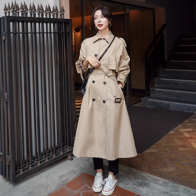 

Brand Pop Classic Khaki Trench Coat Women Double-Breasted Long with Belt Spring Autumn Lady Duster Coat Female Outerwear Quality