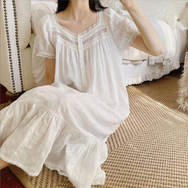 Women Summer Thin Style 100% Cotton Sleepwear Sweet Lace V-Neck Short Sleeves Nightdress Princess Victoria White Long Nightgowns