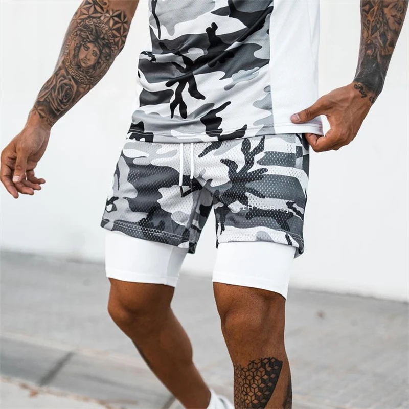 8-Kleur! 2 In 1 Sport Camouflage Mesh Ademende Shorts Mannen Dubbeldeks Jogging Running Quick Dry Gym Fitness Workout Buttoms