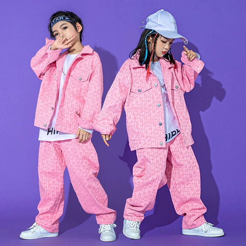 Children Street Hip-Hop Dance Clothing Long Sleeves Pink Coat Loose Pants Boys Wear Girls Jazz Modern Performance Outfits BL7364