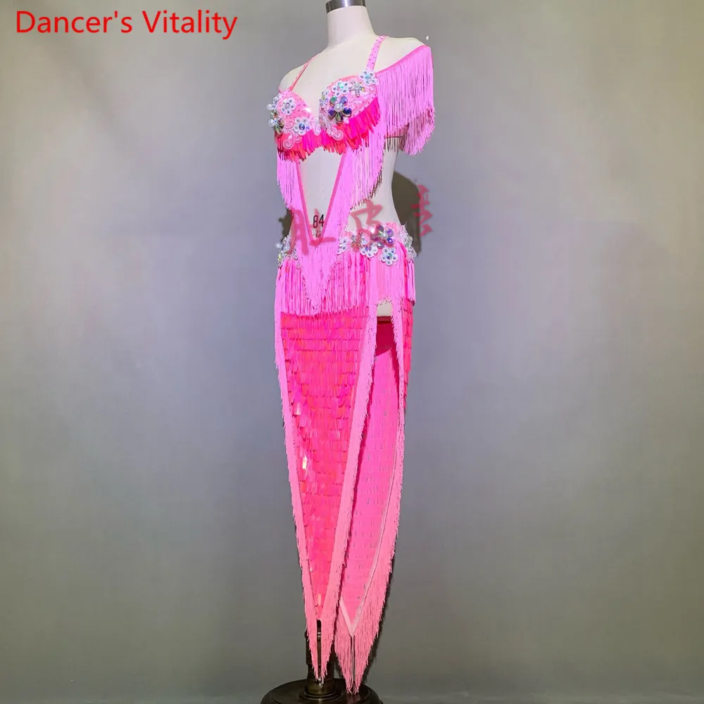 Costume de spectacle de danse du ventre personnalisé, soutien-gorge à franges, ensemble jupe Sexy à paillettes fendues, vêtements de scène de danse de tambour indien Oriental