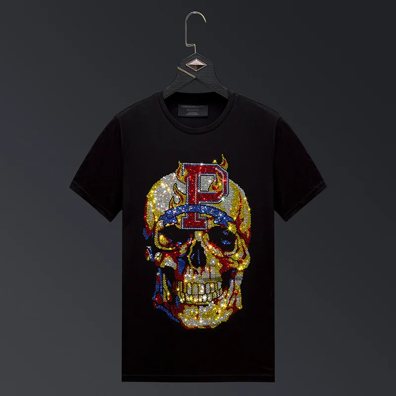 2024 Summer Rhinestones Skull T Shirts Men Fashion Streetwear O Neck Short Sleeve Slim Mercerized Cotton Tshirts Plus Size 6XL