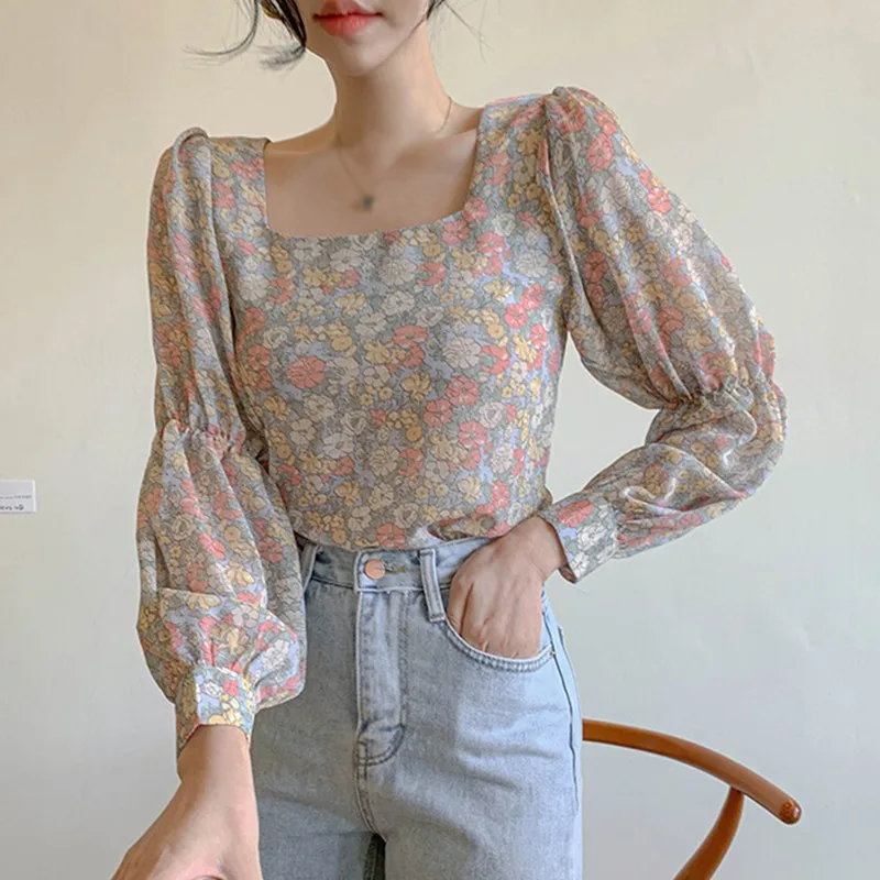 Women's Floral Shirt Korean Style Square Collar Sexy Sweet Long Sleeves Chiffon Blouse Tops