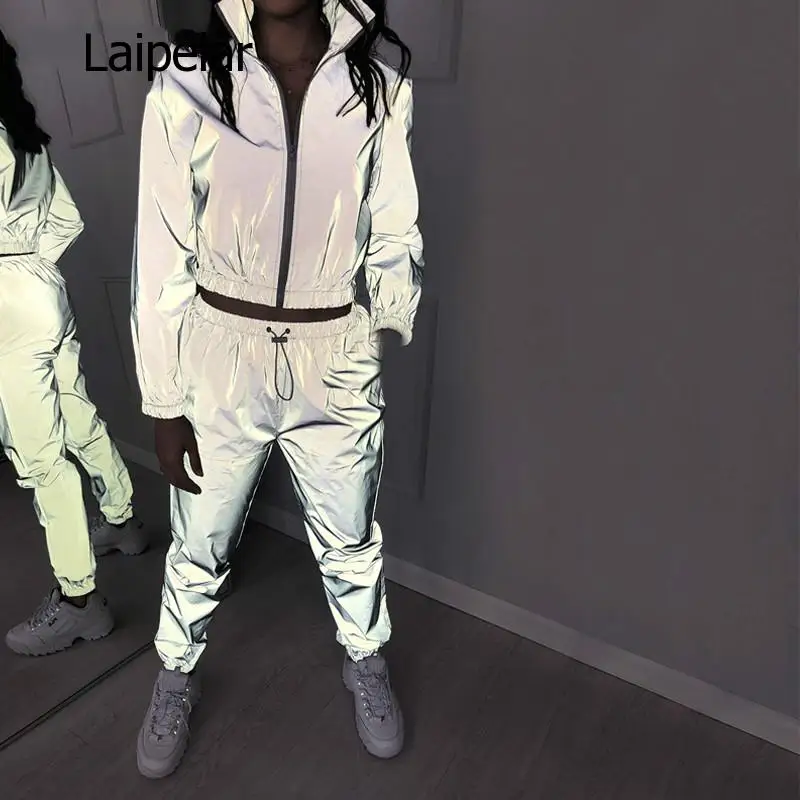 Women Windbreak Set Reflective Two Piece Set Casual Hip Hop Jackets Night Light Clothes Long Pant Suit 2020 Plus Size