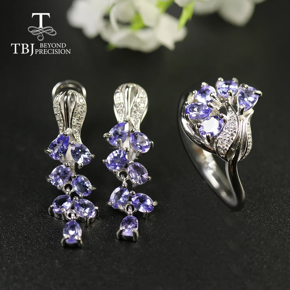 Rose Design Natural Blue tanzanite jewelry set real Gemstone lovely design 925 sterling silver gift to girlfriend   tbj