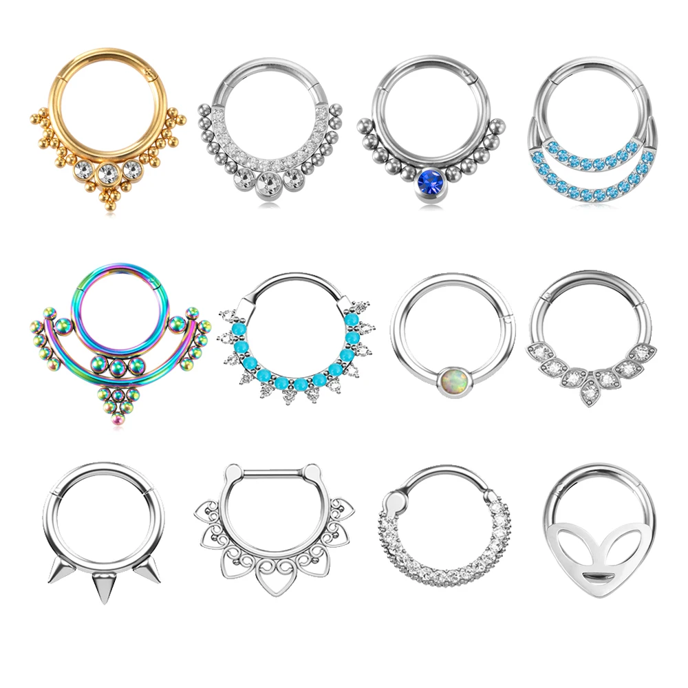 1PC Surgical Steel Nose Ring Cartilage Earring Zircon CZ Cluster Beaded Hinged Septum Rings Clicker Septum Piercing Body Jewelry