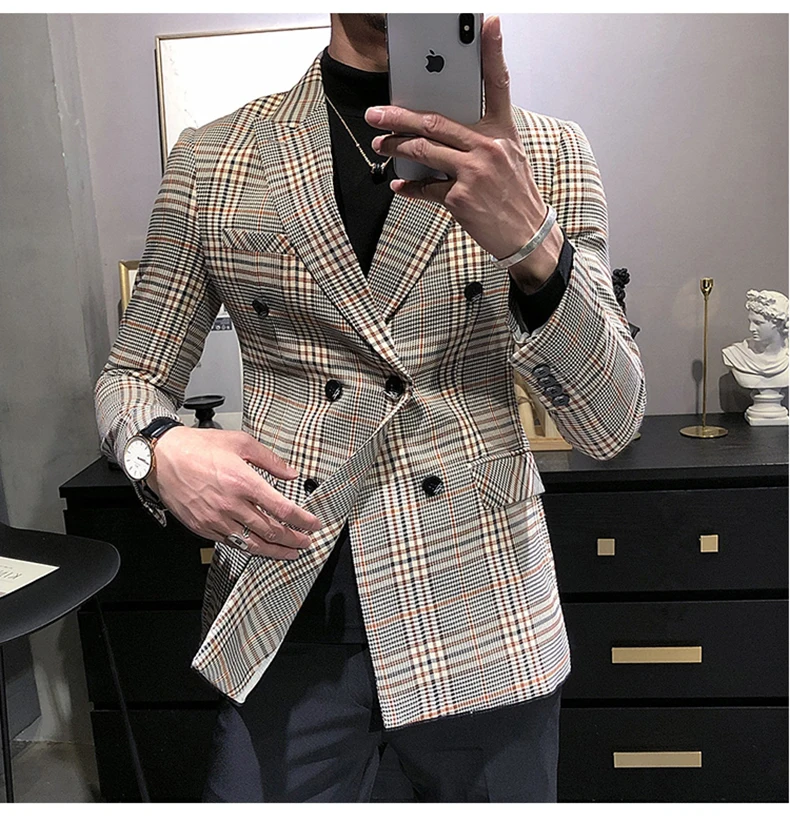 Men\'s Tuxedos New Arrival Plaid Casual Double Breasted Slim Fit Blazer Mens Suit (Only Jacket)