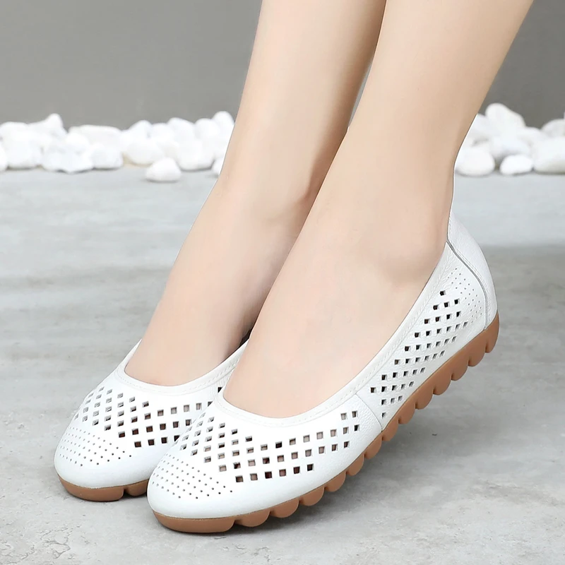 GKTINOO White Genuine Leather Ladies Breathable Summer Shoes Women Flats Slip-On Loafers Round Toe Soft Flat Shoes Casual