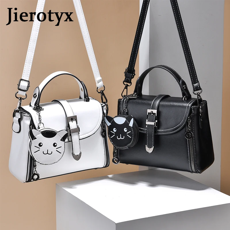 Jierotyx 2021 Cat Head Designs Fashion Women Handbags Sewing Decoration Female Shoulder Bags With Buckles Hard PU Leather